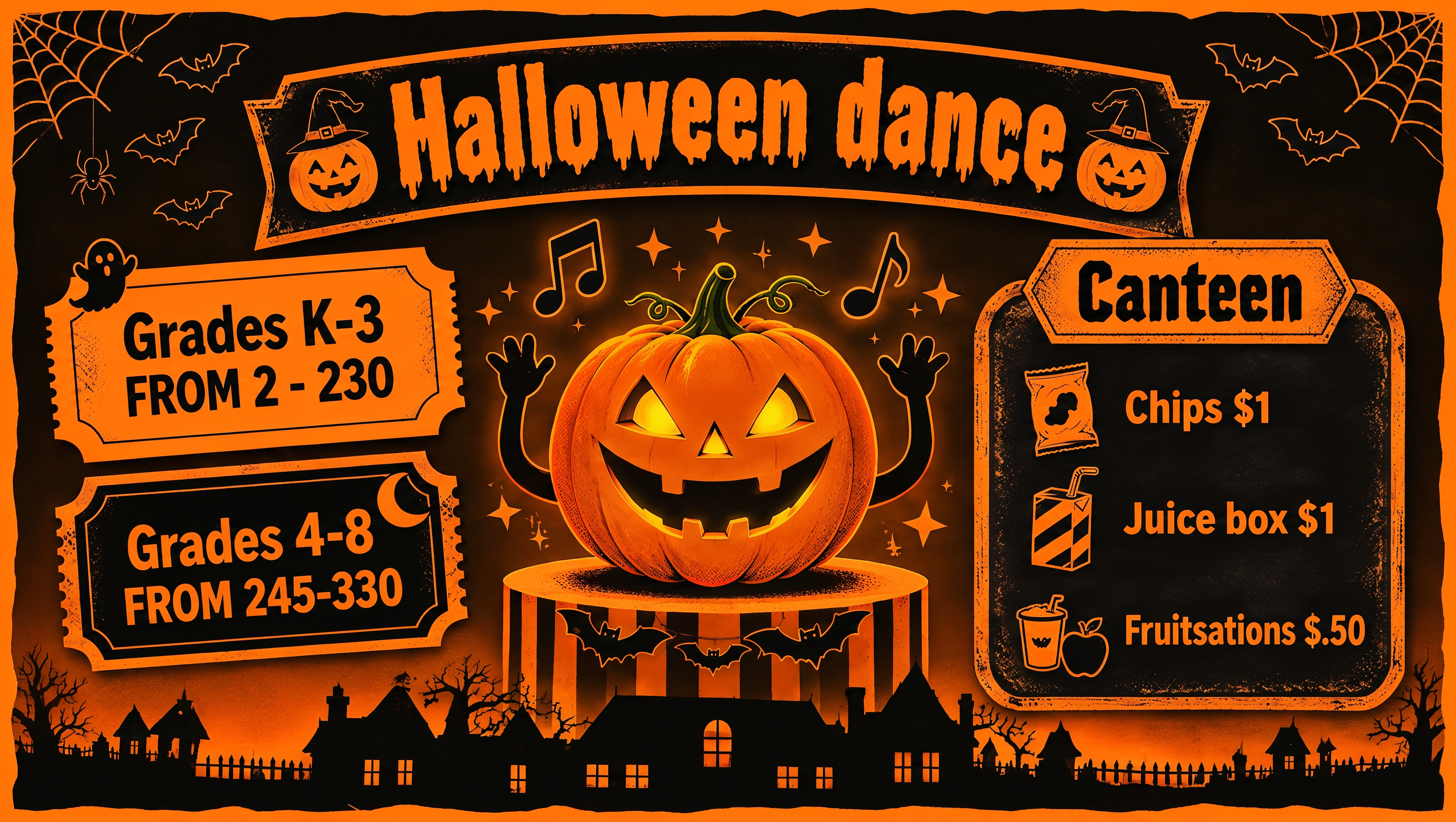 poster Halloween dance orange and black Grades K 3 FROM 2 230 Grades 4 8 FROM 245 330 Canteen Chips $1, Juice box $1, Fruitsations $.50 (1)